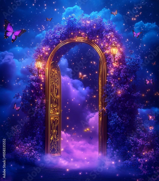 Fototapeta Magical Golden Archway Adorned with Purple Flowers and Glowing Butterflies, Enchanted Gateway Under a Starry Night Sky