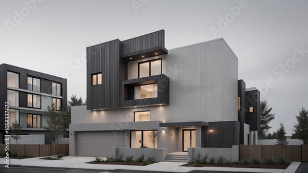 Obraz 어두운 톤의 외벽의 건물 디자인 조감도.
