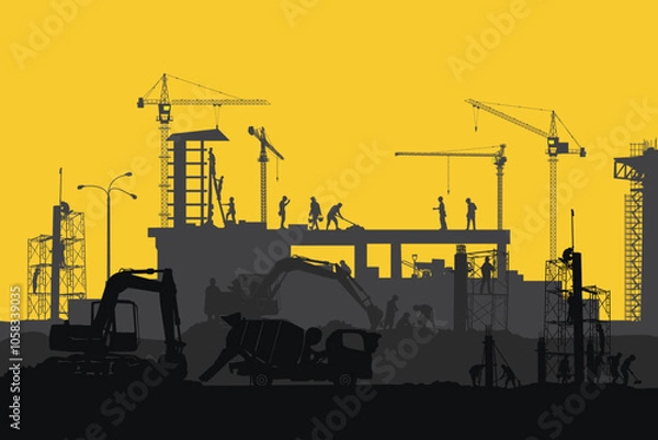 Fototapeta Construction vector background, Worker in a building site, Labor day background.