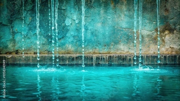 Obraz Dripping turquoise water flows down a worn stone surface, liquid movement, dripping fluid