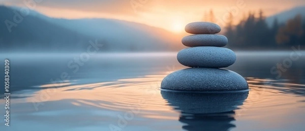 Fototapeta A serene stack of stones on water, reflecting a tranquil sunset.