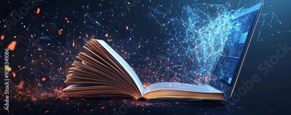 Fototapeta Open book morphing into a laptop screen, seamless transition between paper and digital, knowledge and innovation, modern elearning concept