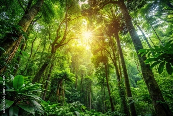 Obraz Lush forest with dense foliage and sunlight filtering through the canopy, trees, green landscape