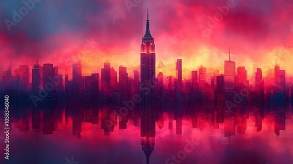 Fototapeta A dramatic skyline at sunset, featuring the Empire State Building reflected in water.