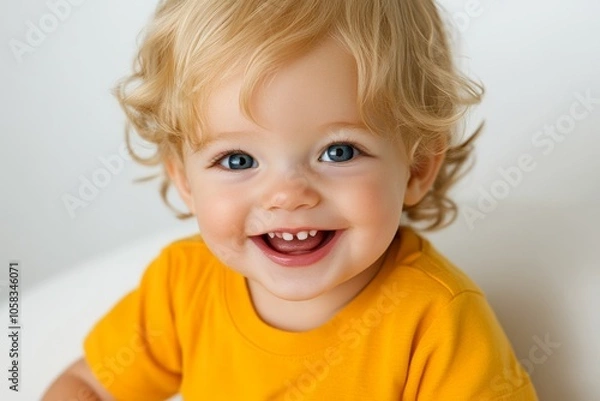 Fototapeta 2D illustration of a small child smiling with wide eyes, on a white background capturing the pure, simple beauty of innocence, symbolizing clarity and joy