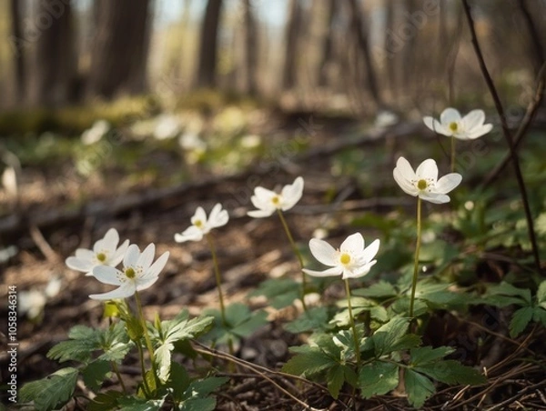 Fototapeta A cluster of delicate white flowers blooming on the forest floor amidst greenery.