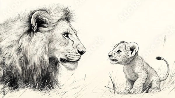 Fototapeta A detailed sketch of a lion and a cub gazing at each other in a serene setting.
