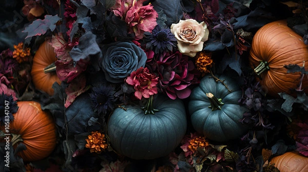 Fototapeta Gothic Halloween flowers and pumpkins create vibrant autumn display
