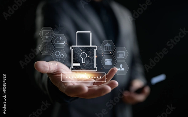 Fototapeta Cybersecurity and privacy concepts to protect data. Lock icon and internet network security technology. Businessman protecting personal data on smartphone, virtual screen interfaces. cyber security.