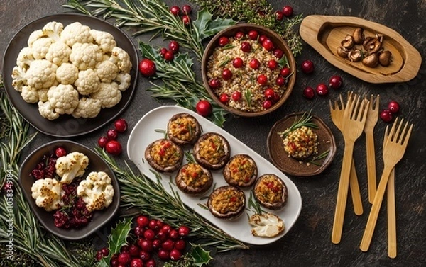 Fototapeta A festive holiday table showcasing a plant-based feast with roasted cauliflower, vegan stuffed mushrooms, and a warm grain salad, all served on biodegradable plates with bamboo cutlery
