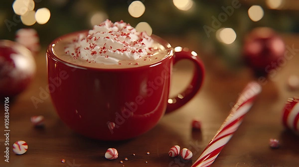 Fototapeta Creamy peppermint mocha in red mug with festive decorations around