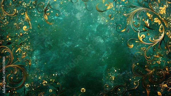 Obraz Rich emerald green background with glimmering golden ornaments and intricate designs