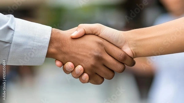 Fototapeta Two diverse hands shaking in a professional setting