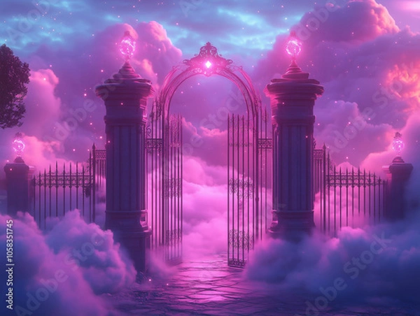 Fototapeta Ornate Pink Gate Surrounded by Clouds and Starry Sky, Fantasy Entrance to a Dreamy Celestial World