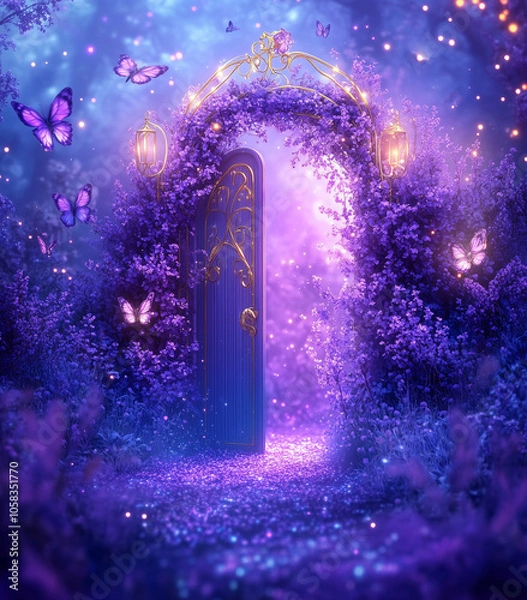 Fototapeta Golden Archway Adorned with Purple Flowers, Illuminated in a Starry Sky with Butterflies, Portal to a Mystical Realm