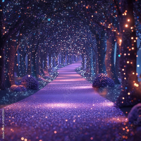 Fototapeta Sparkling Glitter Path Through Enchanted Forest with Twinkling Lights