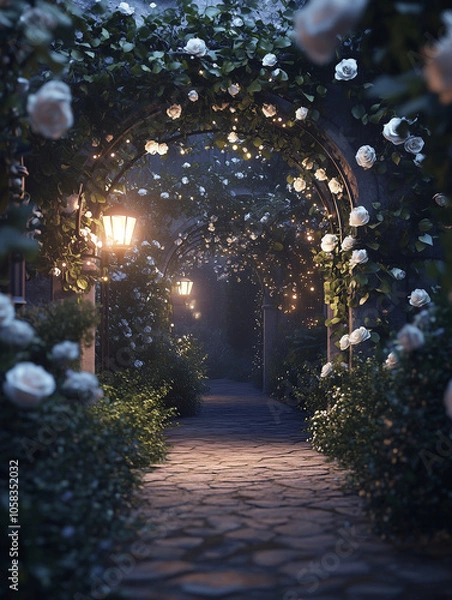 Fototapeta Twinkling Purple Pathway in a Starry Tunnel, Pathway with Glittering Lights, Leading Through a Starry Tunnel, Floral Pathway with Lit Arches and Glowing Roses at Night
