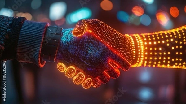 Fototapeta Human and robotic hands shaking, symbolizing collaboration and innovation.