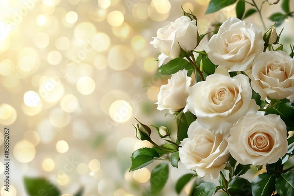 Fototapeta Soft White Roses with Warm Bokeh Lights in Background, White Roses with Warm Bokeh Lights