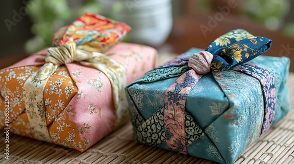 Fototapeta Beautifully wrapped small gifts in colorful fabric with intricate designs