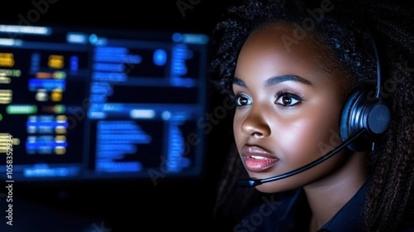 Fototapeta Professional Customer Service: Young Female Call Center Operator Assisting Customers with Headset in Office