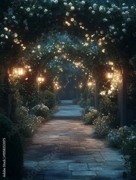 Fototapeta Magical Garden Pathway Covered in Twinkling Lights and Surrounded by Trees, Floral Pathway with Lit Arches and Glowing Roses at Night