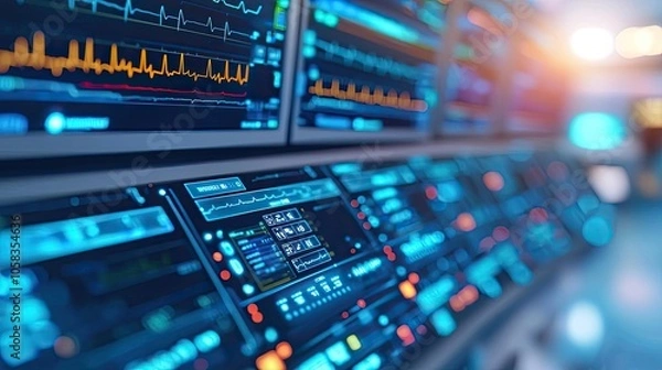Obraz Close-up of futuristic control panel with digital screens and colorful graphs.