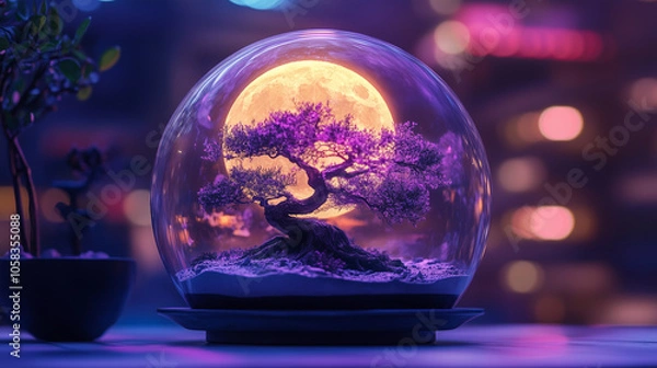 Obraz Purple bonsai and moon inside the glowing terrarium