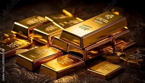 Fototapeta A collection of gleaming gold bars stacked elegantly, reflecting light, symbolizing wealth and precious metal value.