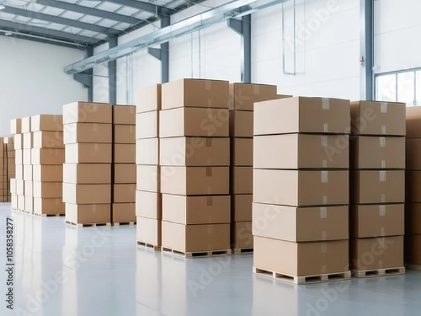 Fototapeta A spacious warehouse filled with neatly stacked cardboard boxes on pallets, showcasing organized storage and logistics.