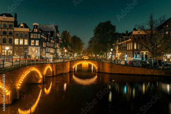 Obraz Amsterdam’s historic canal bridges illuminated at night. The Keizersgracht and Reguliersgracht intersection glows romantically, reflecting typical Dutch architecture and city lights in the water.