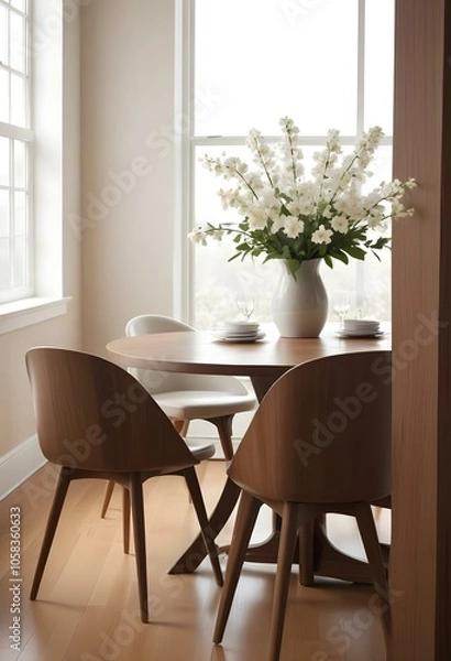 Obraz A cozy dining room with a wooden table and chairs, a vase of white flowers, and a framed artwork on the wall.