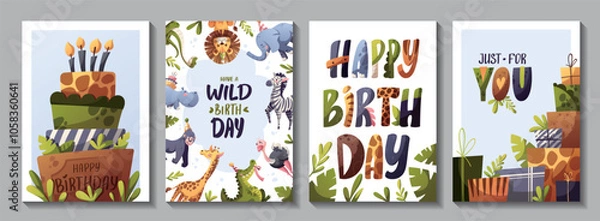 Fototapeta Set of Birthday greeting card with cute jungle animals. Giraffe, gorilla monkey, hippopotamus, ostrich, elephant, lion, crocodile, zebra, snake, cake, gifts. Vector illustration.