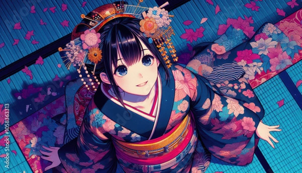 Fototapeta 着物を着た美人画 イラスト