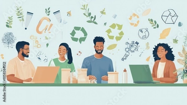 Fototapeta Illustration of a multi-national team developing an automated design tool that promotes circular economy models in manufacturing.