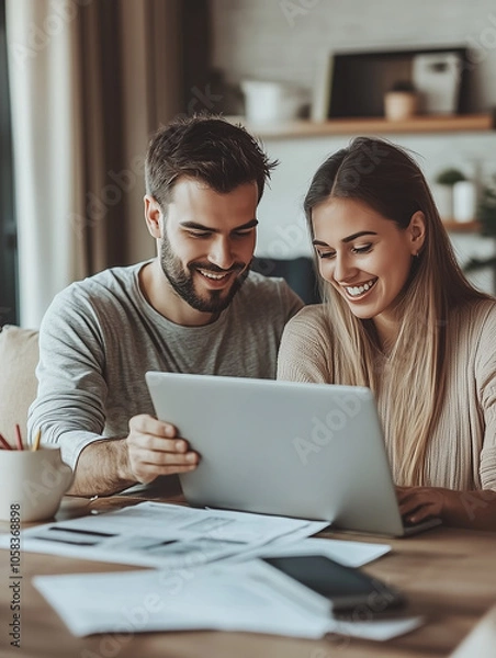 Fototapeta Two people share a joyful moment while working together on a laptop at a wooden desk, surrounded by paperwork in a home office setting.