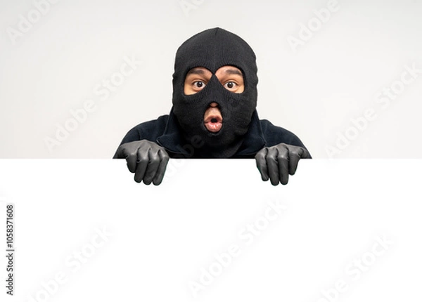 Fototapeta Thief in uniform black jacket various pose on isolated background. The Robber terrorism criminal escapes with balaclava and crowbar entering a house for stealing Housebreak