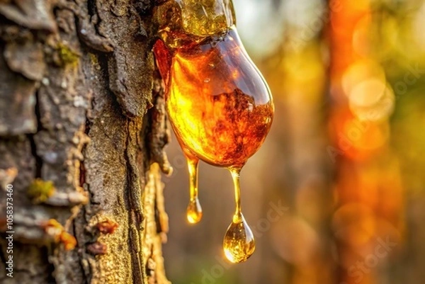 Fototapeta fossilized amber drips from a tree trunk, earthy, slow, geological, patina, organic