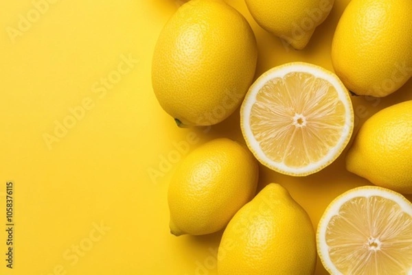 Fototapeta Fresh lemons and slices creating a vibrant composition on yellow background