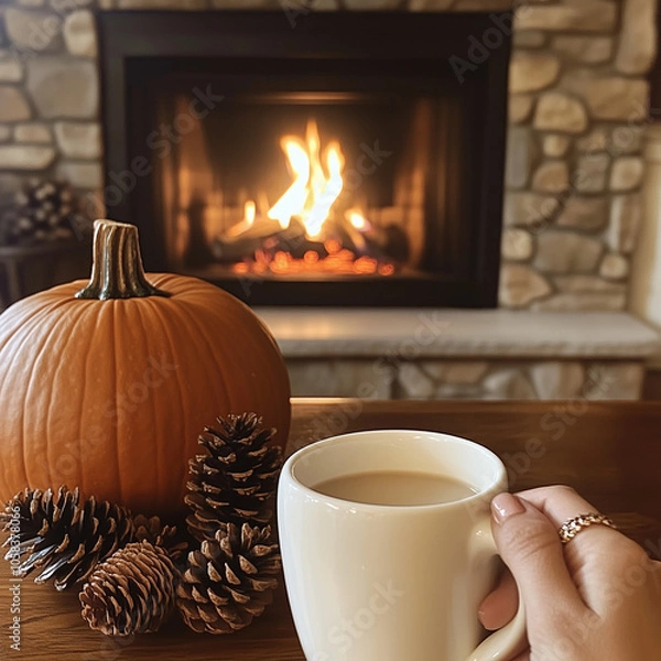 Fototapeta Cozy autumn scene featuring a pumpkin, pinecones, and someone holding a white ceramic mug by a warm fireplace, creating a quintessential fall atmosphere.