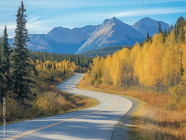 Fototapeta A winding mountain road cuts through vibrant golden aspen trees and evergreen forest, leading toward snow-capped mountain peaks under a clear blue sky.
