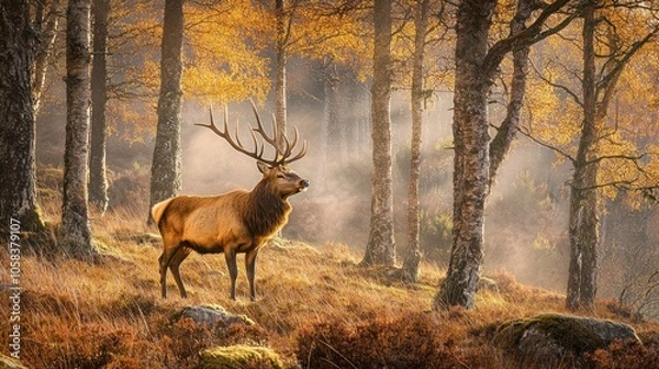 Fototapeta A majestic stag stands in a misty autumn forest, its antlers reaching towards the golden leaves.