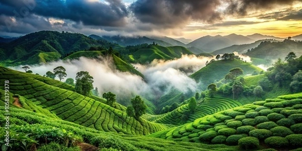 Fototapeta 3. A majestic green tea garden with rolling hills and misty clouds in the Sylhet region, a realistic photo image.