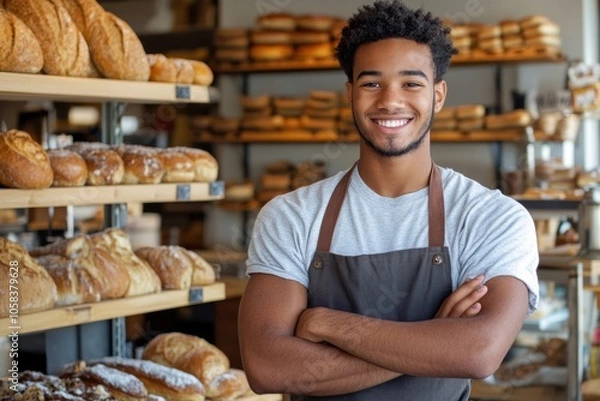 Fototapeta A cheerful young man wearing an apron stands confidently with his arms crossed inside a bakery