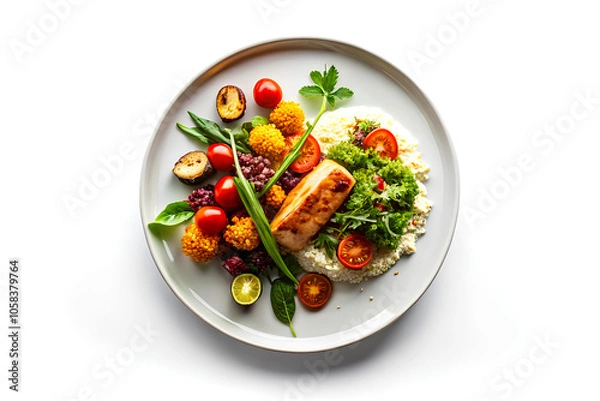 Obraz Grilled Salmon with Rice and Vegetables on White Plate, Isolated. Generative AI