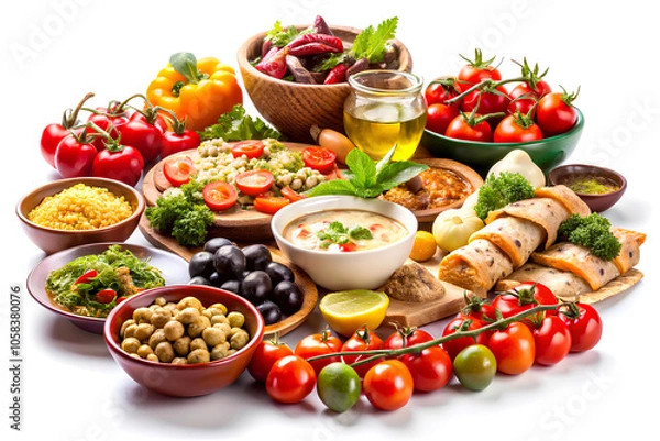 Fototapeta Assorted mediterranean dishes isolated on white background. Healthy eating concept. Generative AI