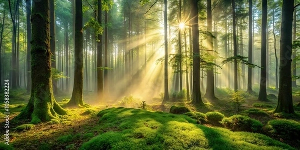 Fototapeta 3. Soft sage green mist rising from a serene forest floor, illuminated by early morning sunlight, a realistic photo image.
