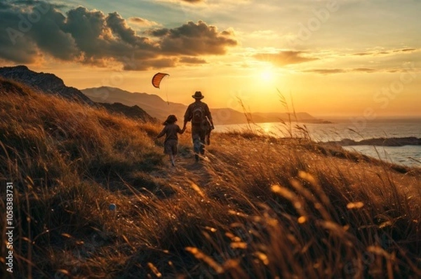 Fototapeta A father and daughter walk along a grassy coastal path, flying a kite as the sun sets over the ocean horizon..