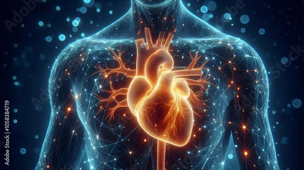Fototapeta A highly realistic close-up of a glowing human heart in abstract.