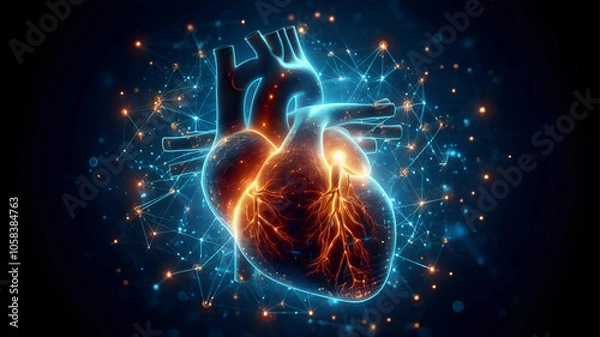 Fototapeta A highly realistic close-up of a glowing human heart in abstract.